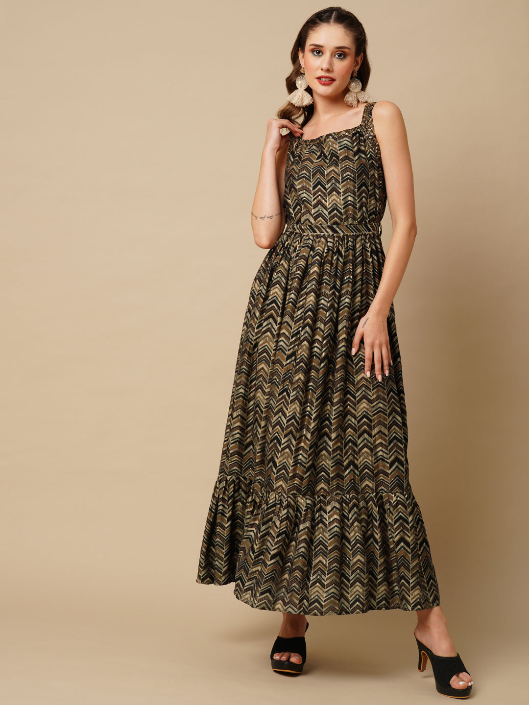 Chevron Foil Printed Mirror & Beads Embroidered Maxi Dress with Tie-up Waist Belt - Brown & Multi