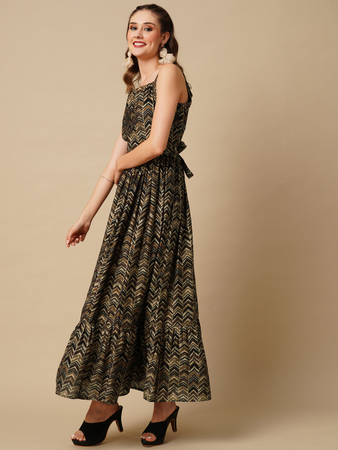 Chevron Foil Printed Mirror & Beads Embroidered Maxi Dress with Tie-up Waist Belt - Brown & Multi