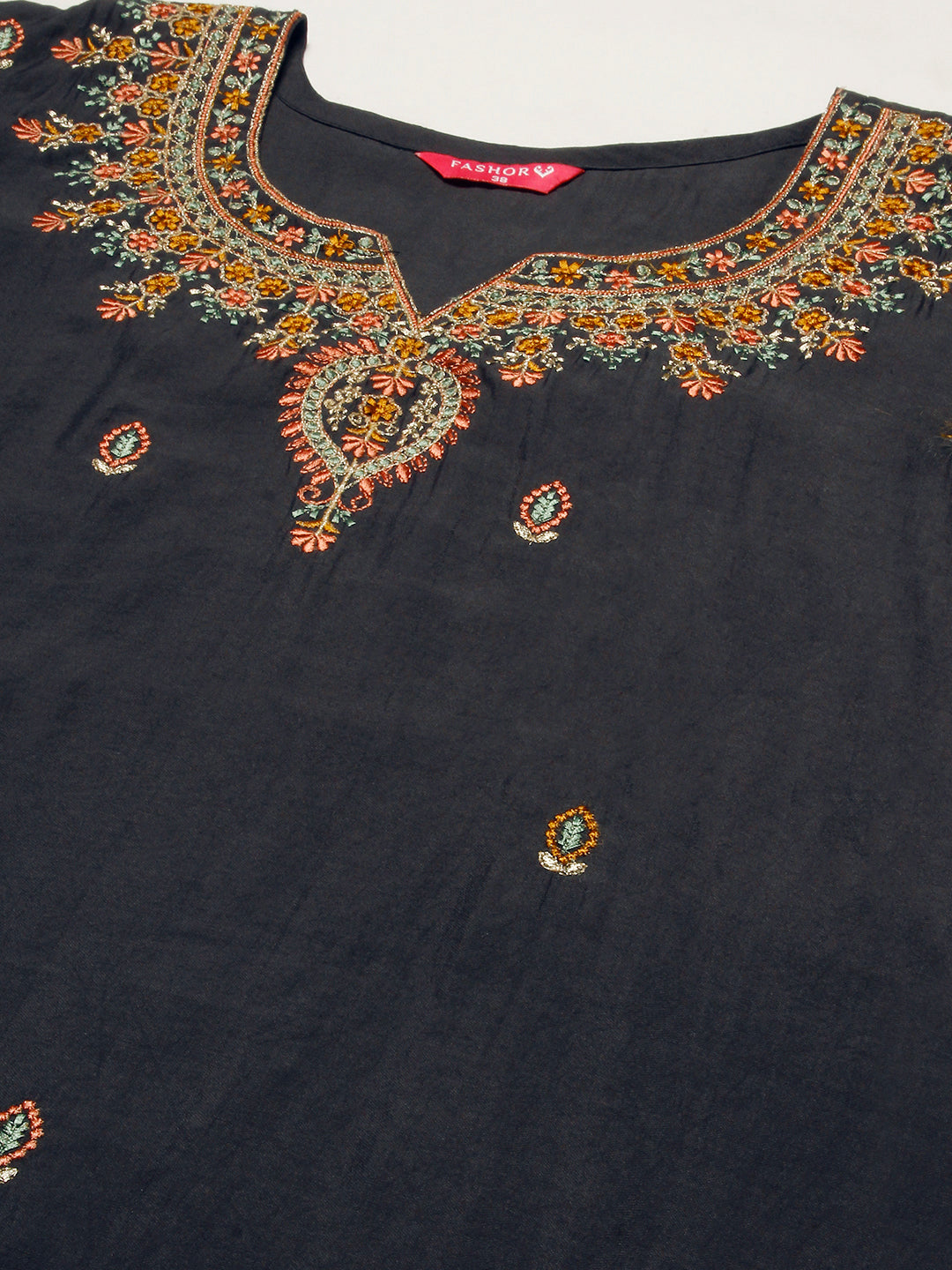 Solid Resham & Zari Embroidered Kurta With Pants & Floral Brasso Dupatta - Black