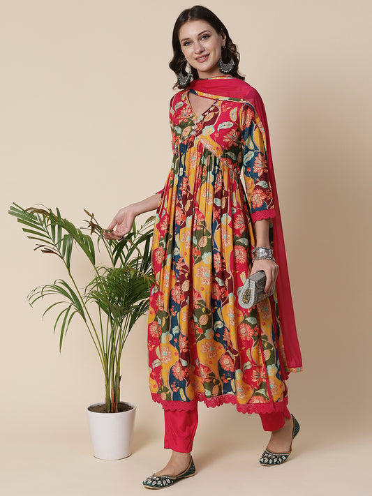 Floral Abstract Printed Cutdana & Beads Embroidered High Slit Kurta With Pants & Dupatta - Multi