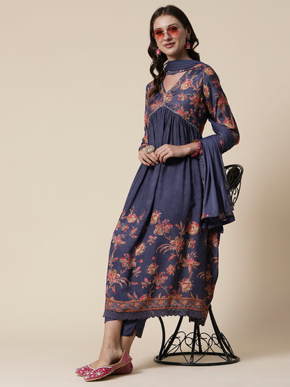 Floral Printed Sequins & Pearl Embroidered High Slit Kurta With Pants & Dupatta - Grey