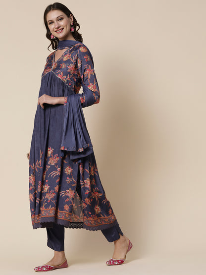 Floral Printed Sequins & Pearl Embroidered High Slit Kurta With Pants & Dupatta - Grey