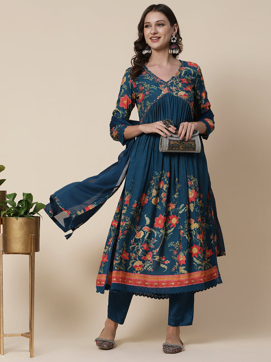 Floral Printed Cutdana, Sequins & Beads Embroidered High Slit Kurta With Pants & Dupatta - Teal