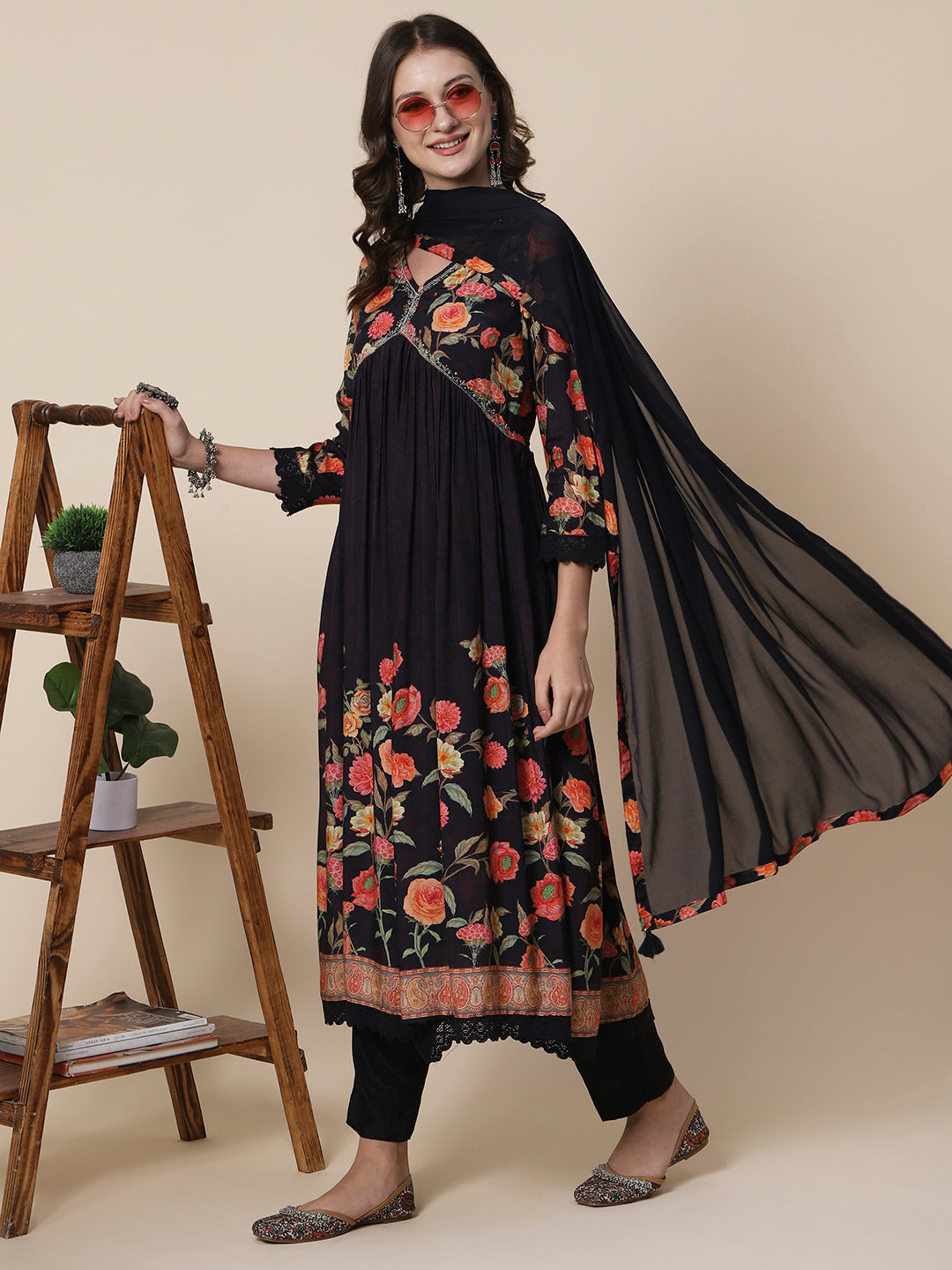 Floral Printed Sequins & Beads Embroidered High Slit Kurta With Pants & Dupatta - Black