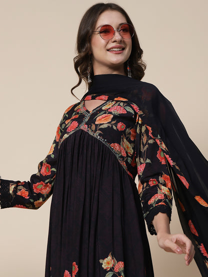 Floral Printed Sequins & Beads Embroidered High Slit Kurta With Pants & Dupatta - Black