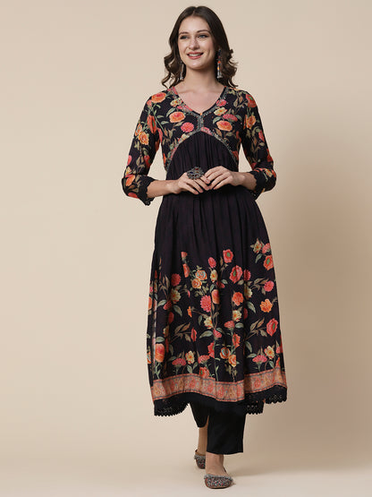 Floral Printed Sequins & Beads Embroidered High Slit Kurta With Pants & Dupatta - Black