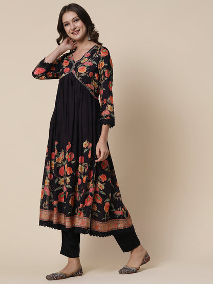 Floral Printed Sequins & Beads Embroidered High Slit Kurta With Pants & Dupatta - Black