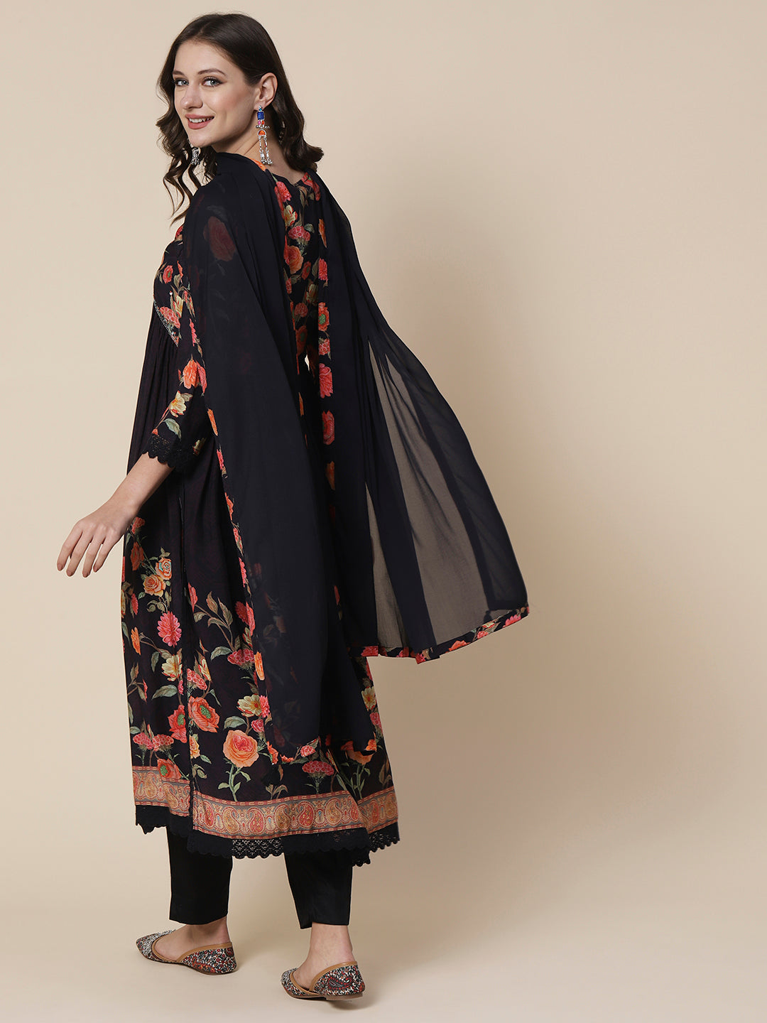 Floral Printed Sequins & Beads Embroidered High Slit Kurta With Pants & Dupatta - Black