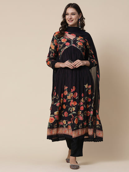 Floral Printed Sequins & Beads Embroidered High Slit Kurta With Pants & Dupatta - Black