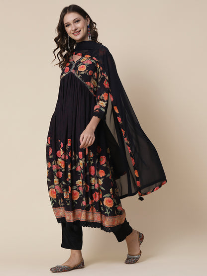 Floral Printed Sequins & Beads Embroidered High Slit Kurta With Pants & Dupatta - Black