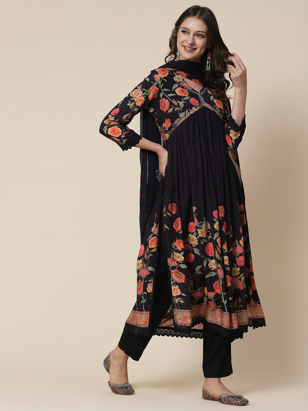 Floral Printed Sequins & Beads Embroidered High Slit Kurta With Pants & Dupatta - Black