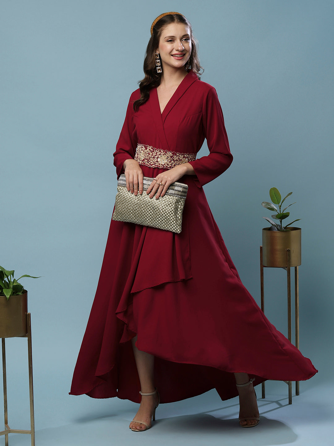 Solid Wrap High Low Fit & Flare Midi Dress with Embroidered Belt - Maroon