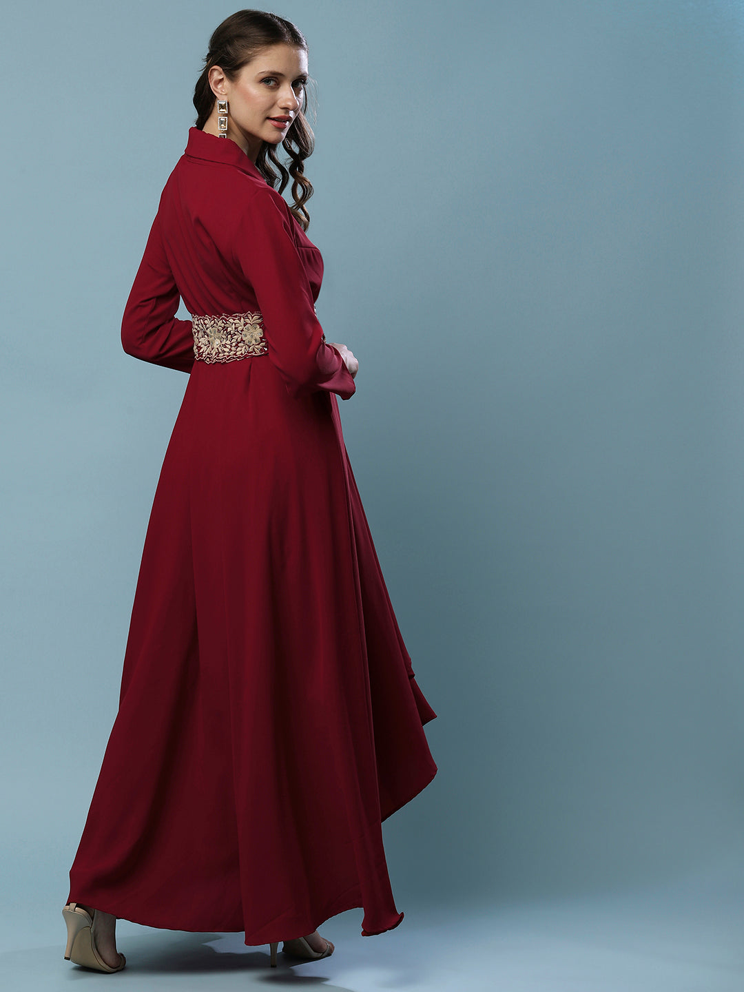 Solid Wrap High Low Fit & Flare Midi Dress with Embroidered Belt - Maroon