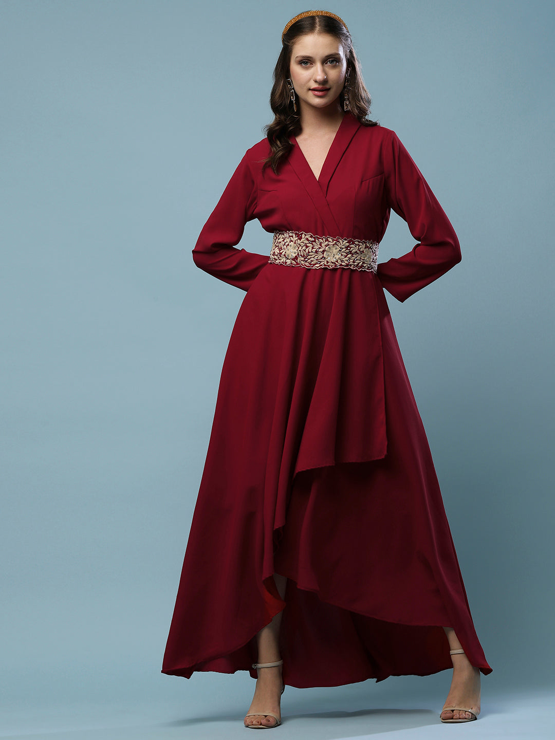 Solid Wrap High Low Fit & Flare Midi Dress with Embroidered Belt - Maroon