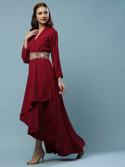 Solid Wrap High Low Fit & Flare Midi Dress with Embroidered Belt - Maroon