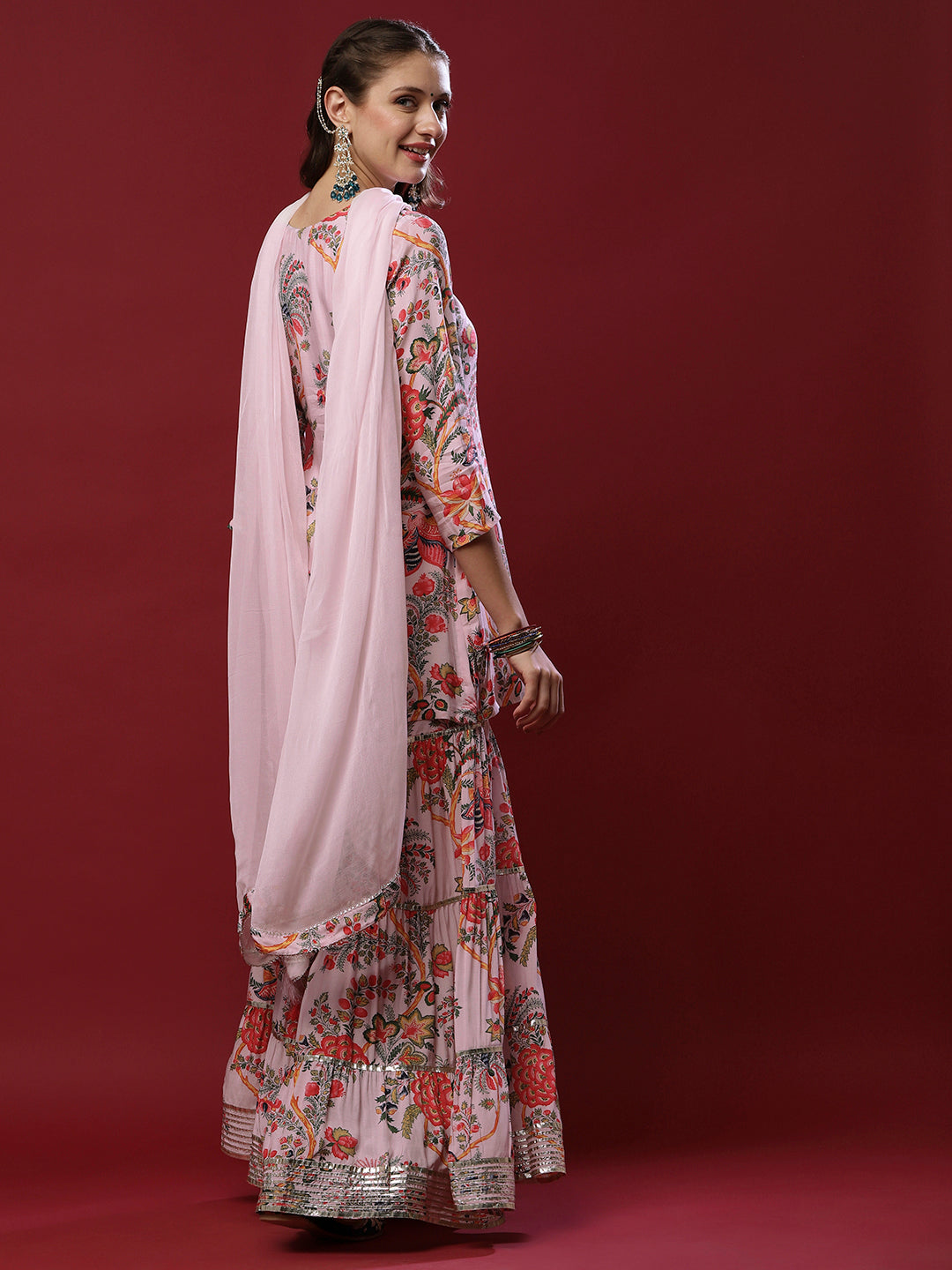 Floral Printed Zardozi & Mirror Embroidered Kurta With Floral Gota Lace Ornamented Sharara & Dupatta - Light Pink