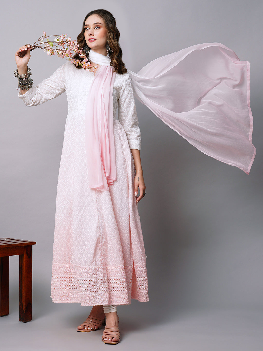 Ombre Dyed Chikankari & Sequins Embroidered Schiffilli Anarkali Dress With Shaded Dupatta - White & Light Pink