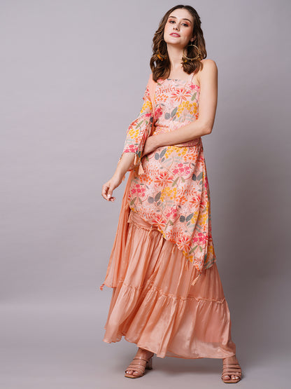 Floral Printed Stones & Cutdana Ornamented Asymmetric Kurta With Embroidered Waist Belt Pouch, Sharara & Dupatta - Peach