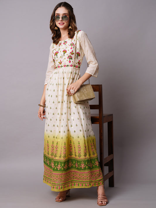 Floral Block Printed Design Mirror & Resham Embroidered Maxi Dress - White & Green