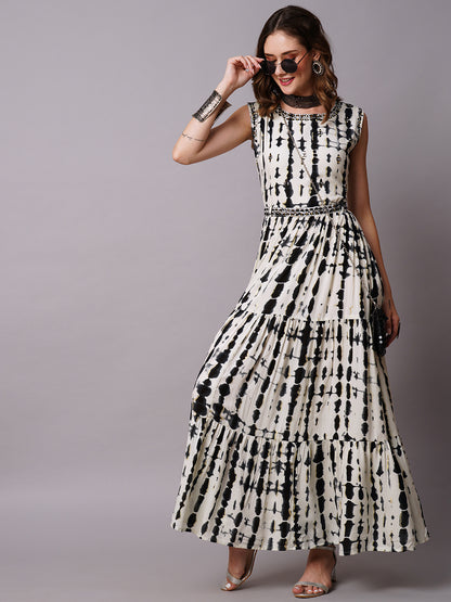 Abstract Foil Printed Mirror & Resham Embroidered Tiered Maxi Dress With Mirror Embroidered Waist Belt - White & Black