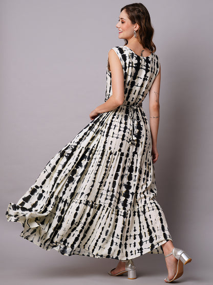 Abstract Foil Printed Mirror & Resham Embroidered Tiered Maxi Dress With Mirror Embroidered Waist Belt - White & Black