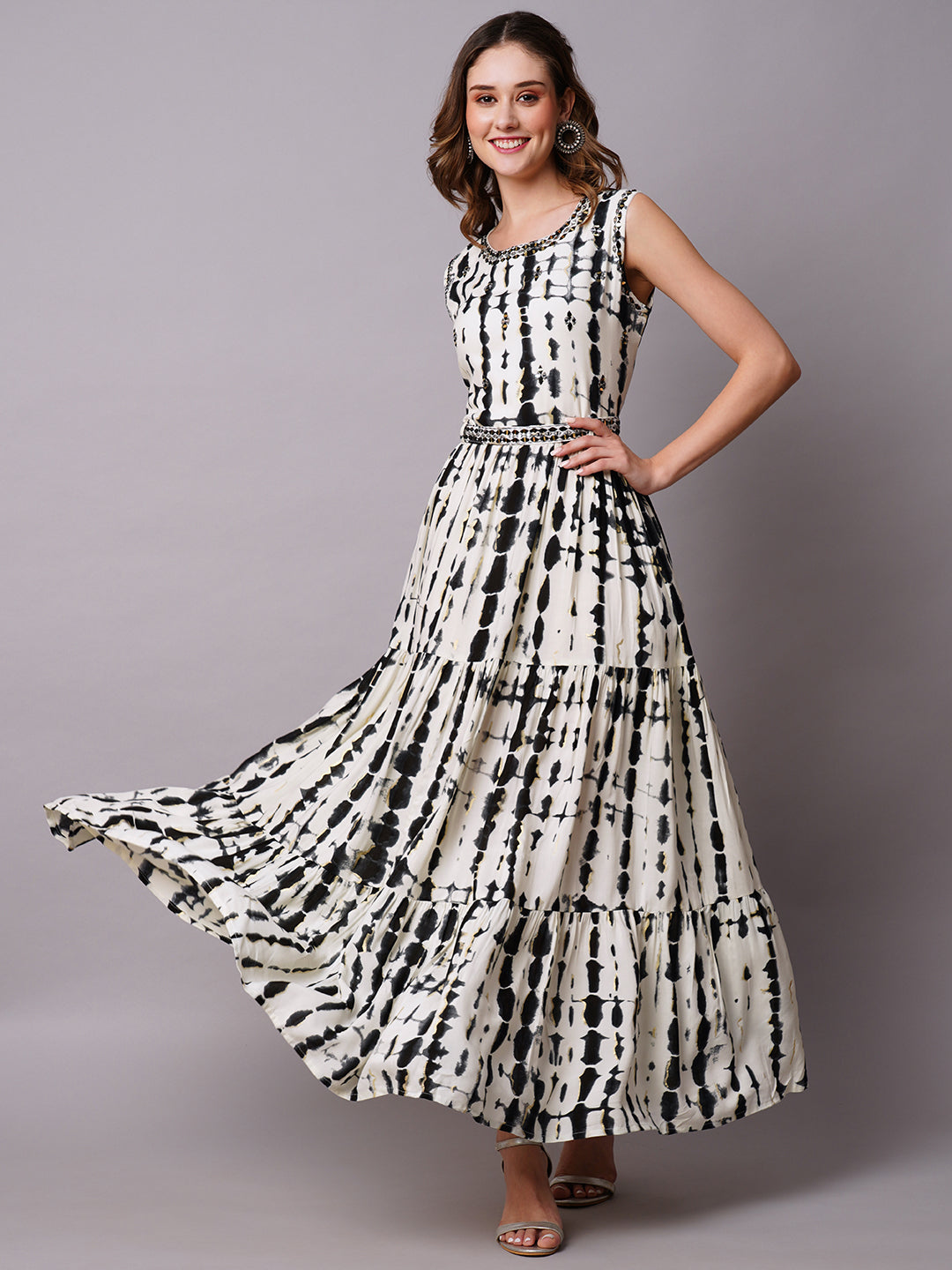 Abstract Foil Printed Mirror & Resham Embroidered Tiered Maxi Dress With Mirror Embroidered Waist Belt - White & Black