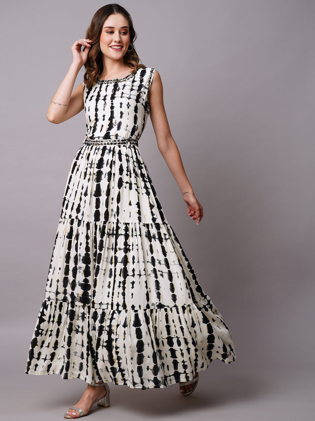 Abstract Foil Printed Mirror & Resham Embroidered Tiered Maxi Dress With Mirror Embroidered Waist Belt - White & Black