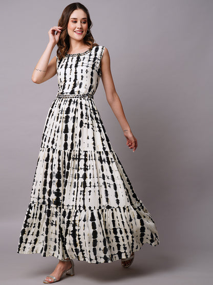 Abstract Foil Printed Mirror & Resham Embroidered Tiered Maxi Dress With Mirror Embroidered Waist Belt - White & Black