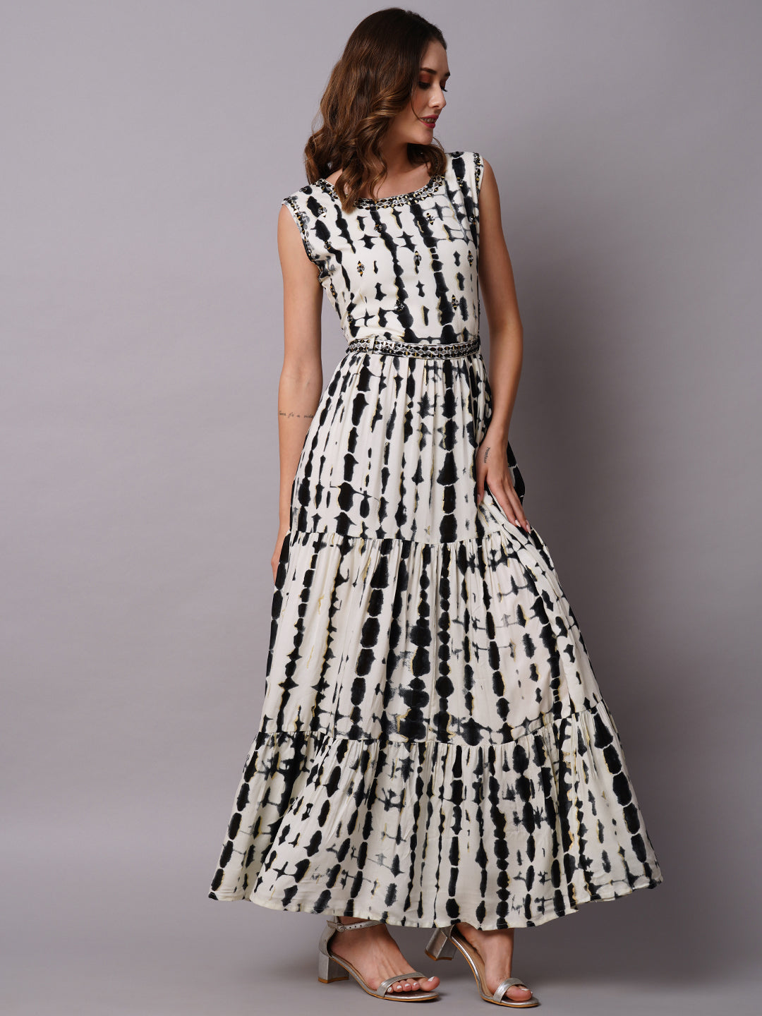 Abstract Foil Printed Mirror & Resham Embroidered Tiered Maxi Dress With Mirror Embroidered Waist Belt - White & Black