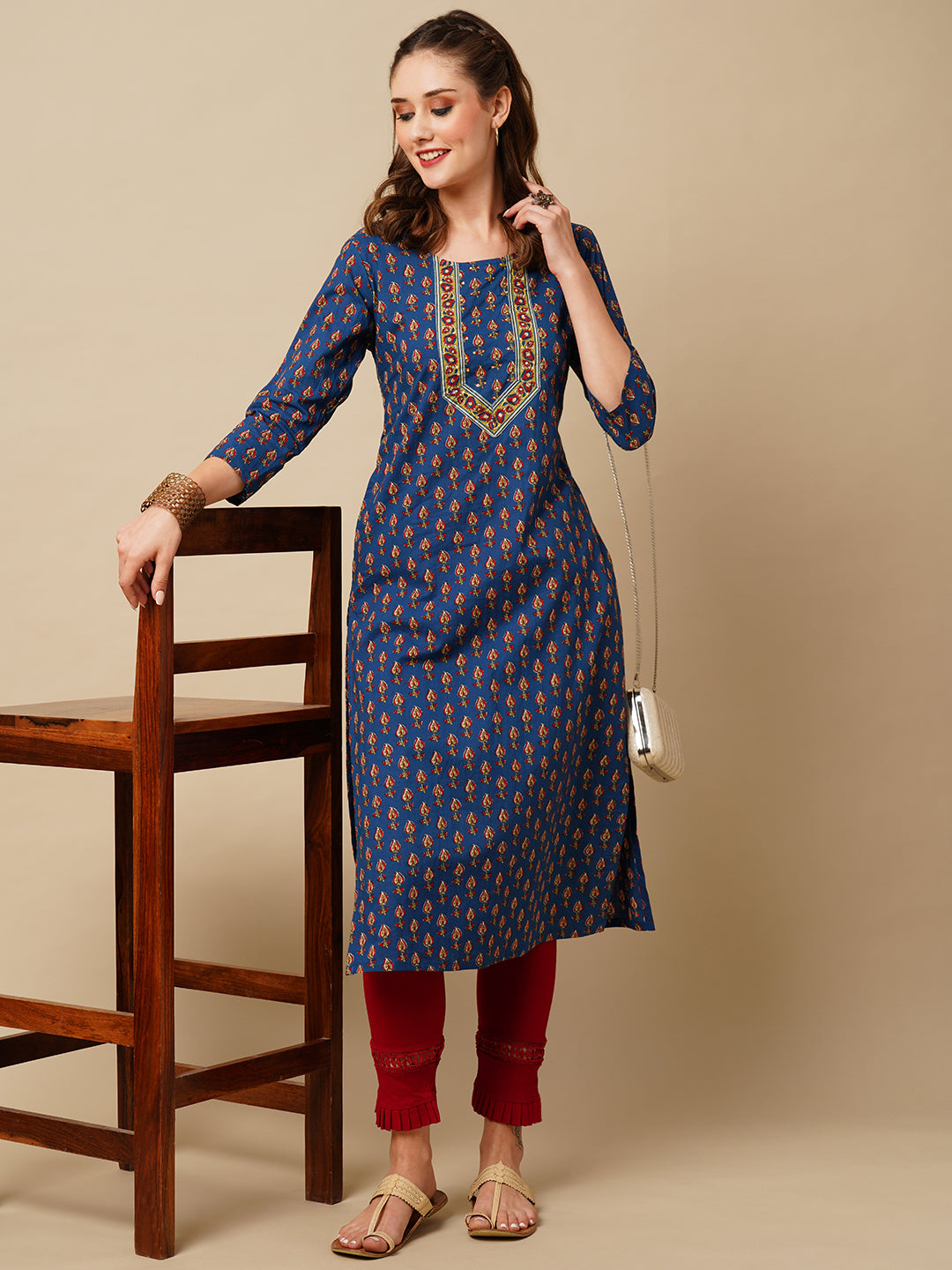Abstract Ethnic Block Printed Resham & Sequins Embroidered Kurta - Blue