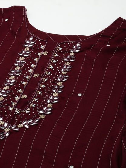 Woven Dobby Striped Mirror, Beads & Cutdana Embroidered Kurta - Brown