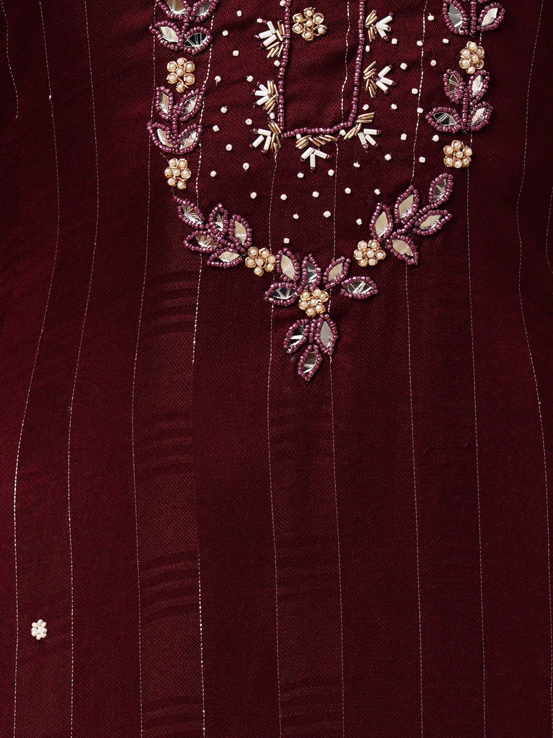Woven Dobby Striped Mirror, Beads & Cutdana Embroidered Kurta - Brown