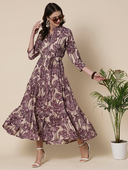 Abstract-Floral Printed Tiered Dress With Matching Tie-Up Waist Belt - Cream & Dark Mauve