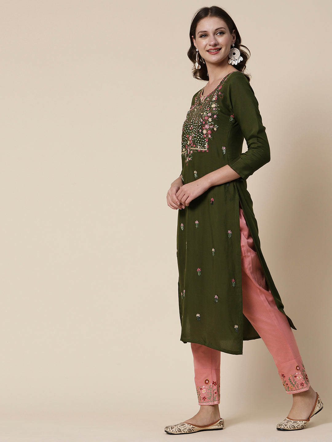Solid Resham French Knot & Sequins Embroidered Kurta - Dark Olive Green