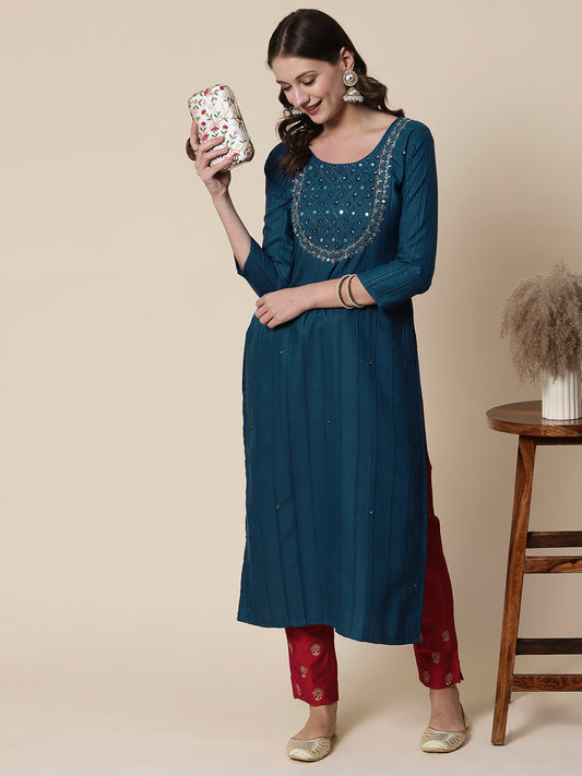 Woven Sequins Striped Mirror, Beads & Sequins Embroidered Kurta - Teal