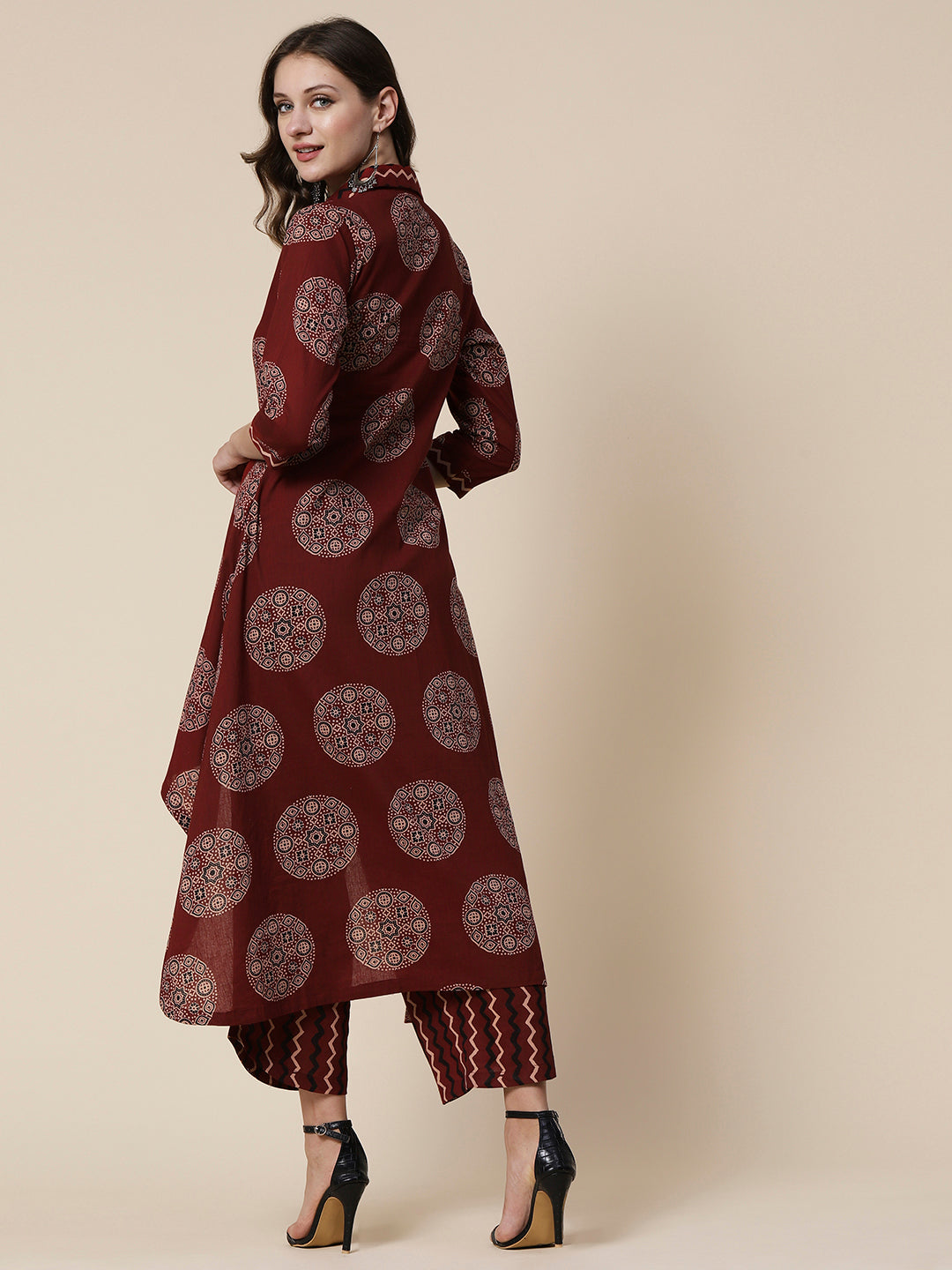 Ethnic & Chevron Printed A-line High - Low Kurta with Palazzo - Brown