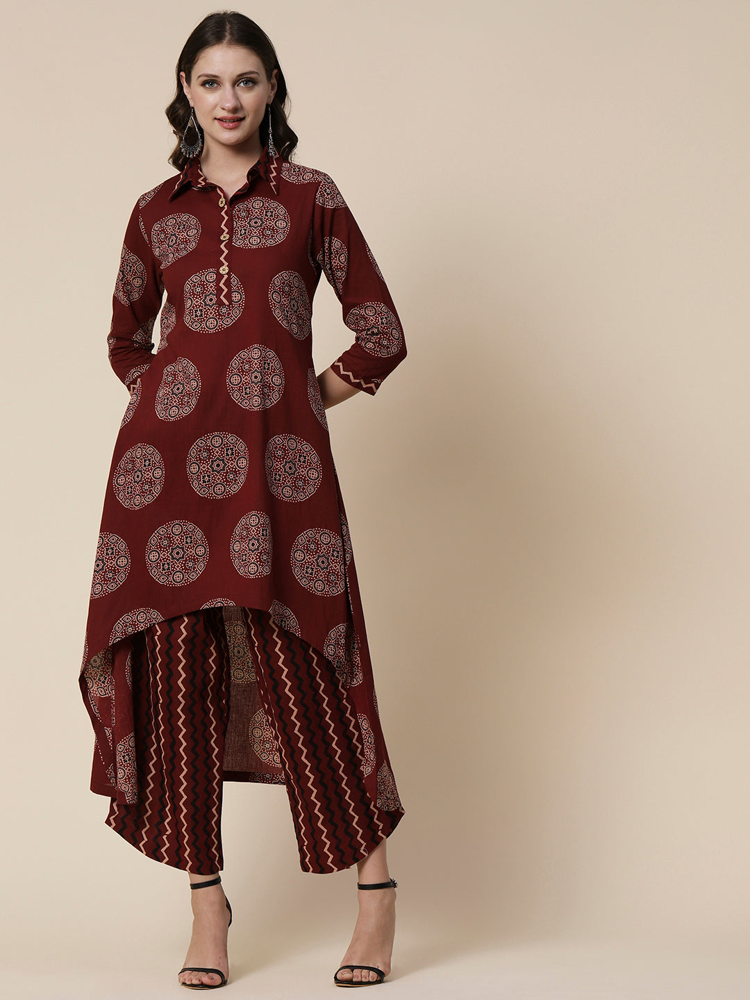 Ethnic & Chevron Printed A-line High - Low Kurta with Palazzo - Brown