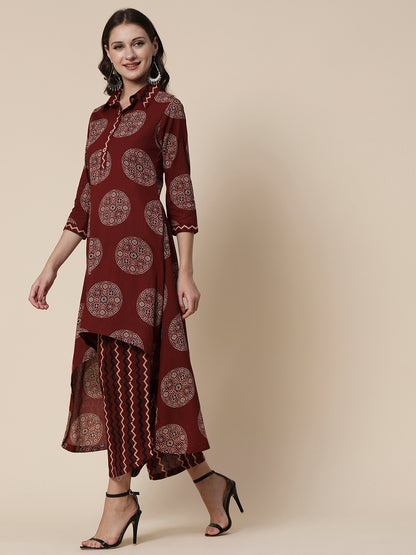 Ethnic & Chevron Printed A-line High - Low Kurta with Palazzo - Brown