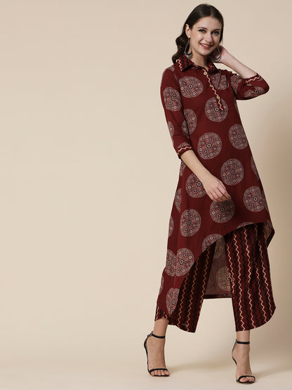 Ethnic & Chevron Printed A-line High - Low Kurta with Palazzo - Brown