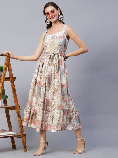 Floral & Abstract Printed Mirror & Beads Embroidered Maxi Dress With Waist Belt - Off White