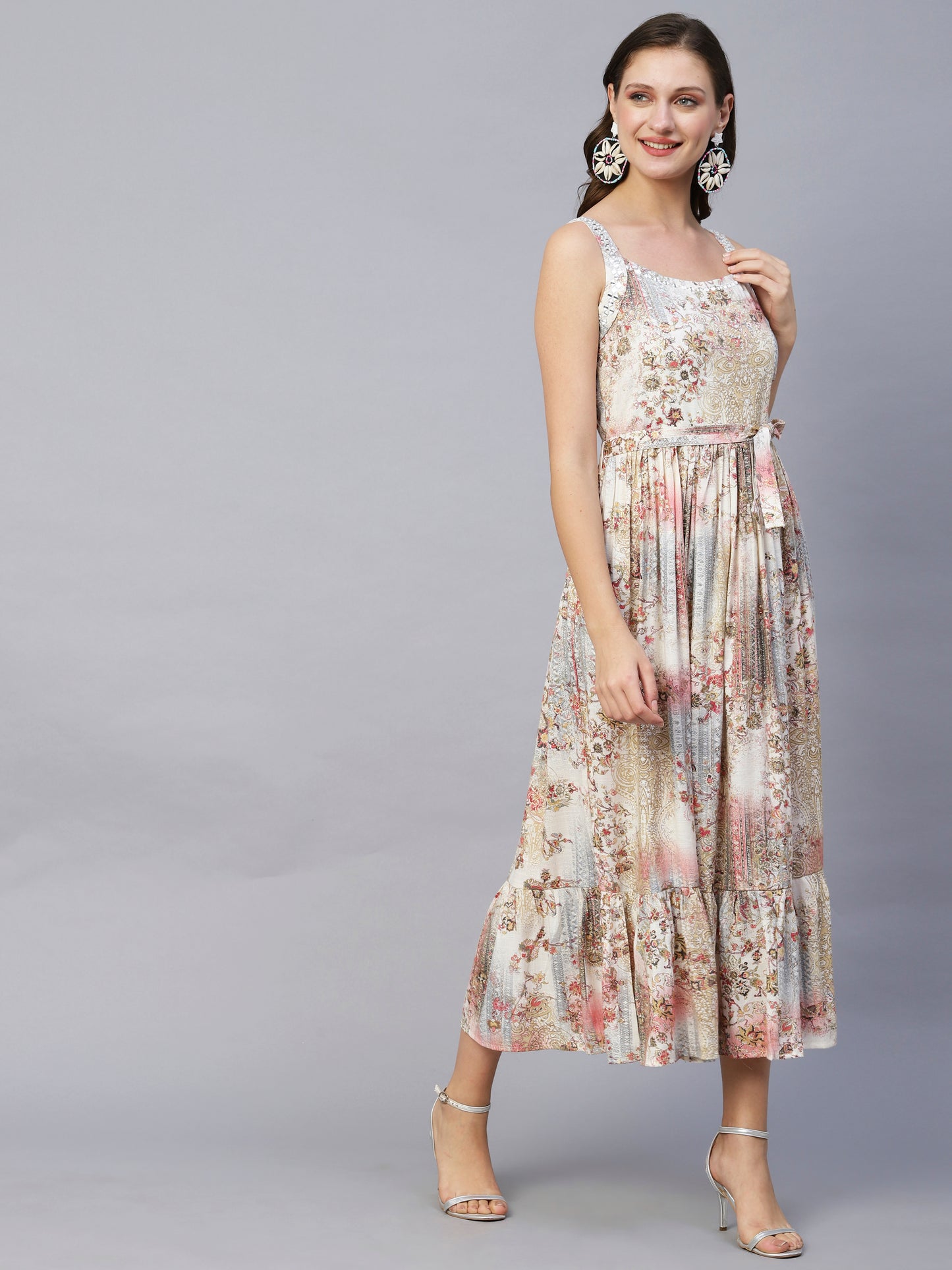 Floral & Abstract Printed Mirror & Beads Embroidered Maxi Dress With Waist Belt - Off White