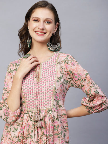 Floral Printed & Zari Embroidered A-Line Pleated Kurta with Palazzo - Pink