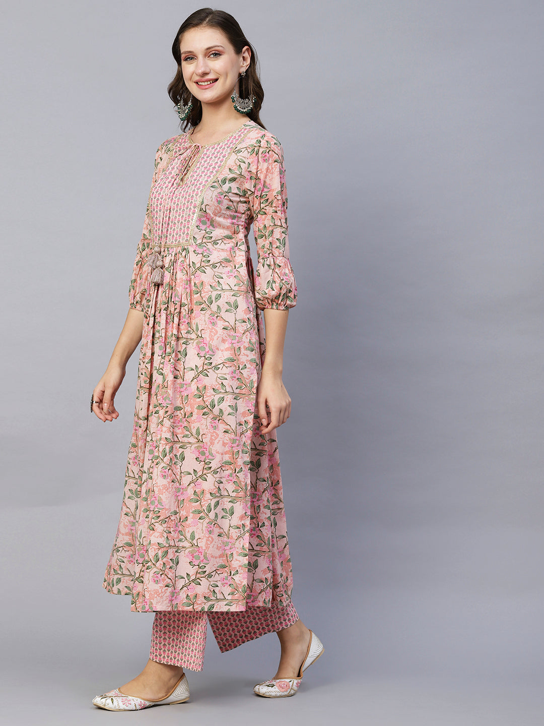 Floral Printed & Zari Embroidered A-Line Pleated Kurta with Palazzo - Pink