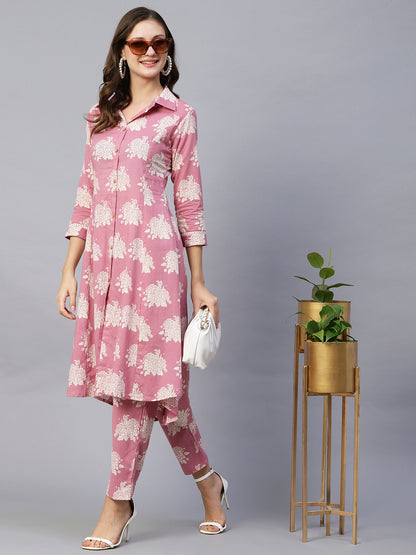 Floral Printed Wooden Buttoned Asymmetric High-Low Hem Kurta With Pants - Rose Pink