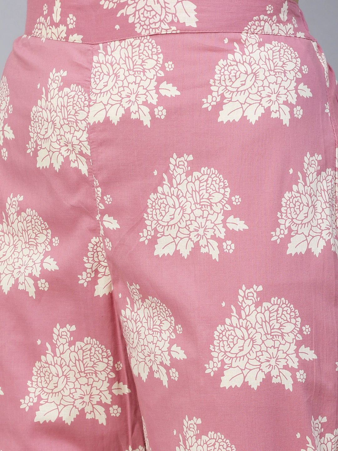 Floral Printed Wooden Buttoned Asymmetric High-Low Hem Kurta With Pants - Rose Pink