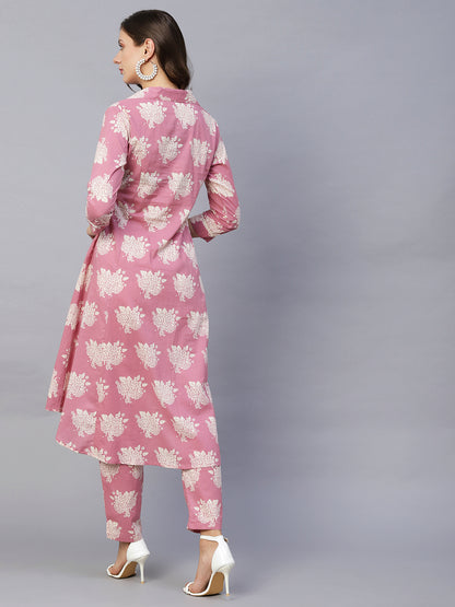 Floral Printed Wooden Buttoned Asymmetric High-Low Hem Kurta With Pants - Rose Pink