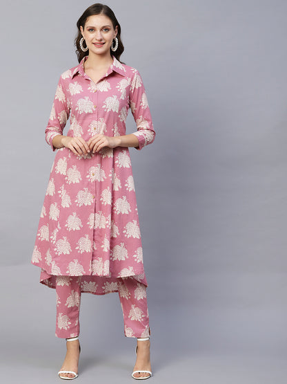 Floral Printed Wooden Buttoned Asymmetric High-Low Hem Kurta With Pants - Rose Pink