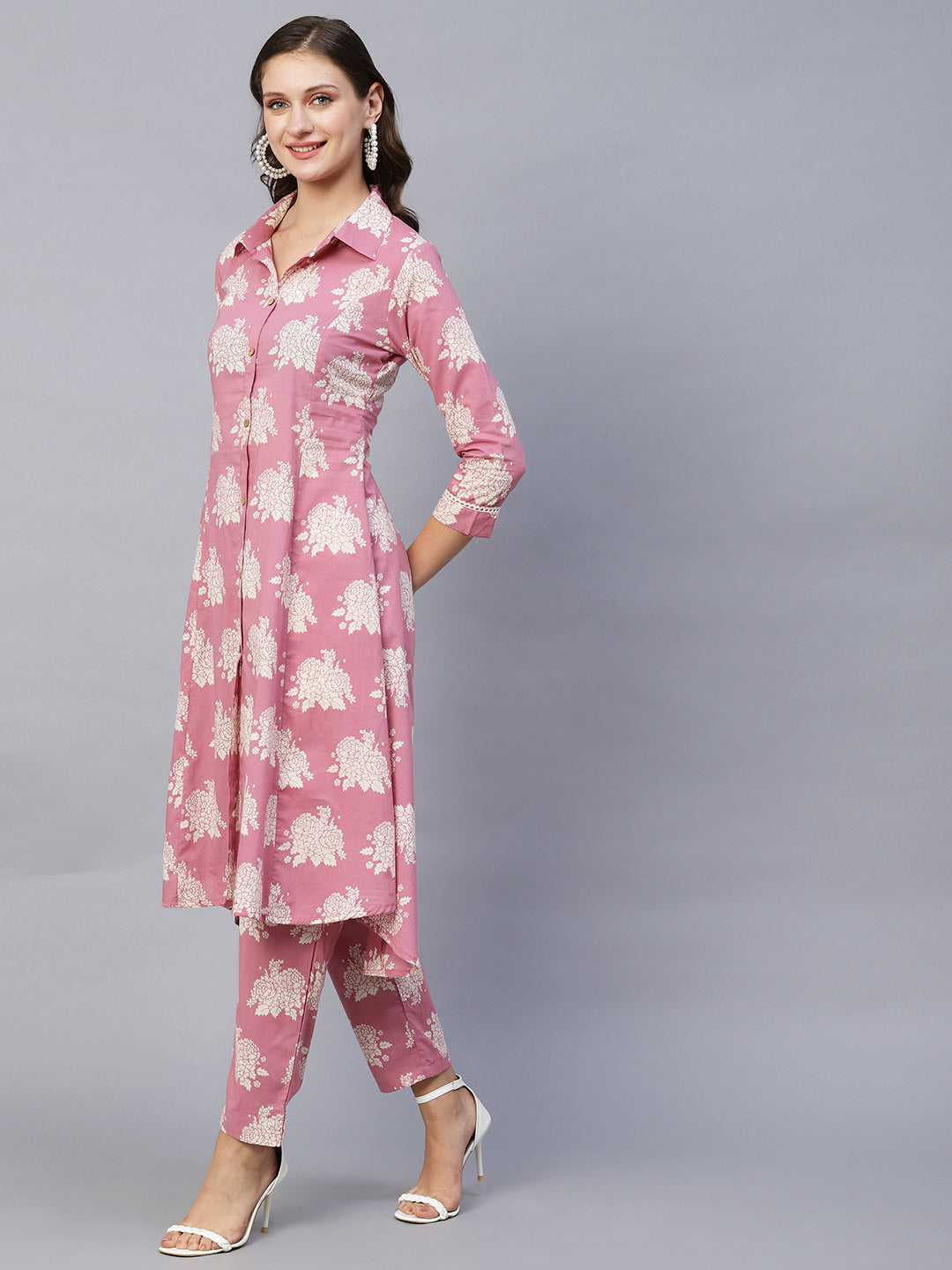 Floral Printed Wooden Buttoned Asymmetric High-Low Hem Kurta With Pants - Rose Pink