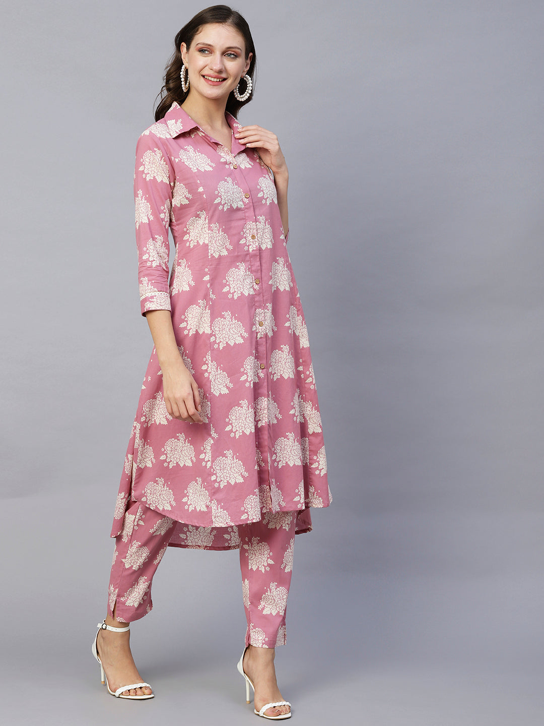 Floral Printed Wooden Buttoned Asymmetric High-Low Hem Kurta With Pants - Rose Pink