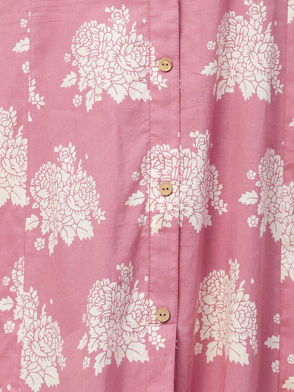 Floral Printed Wooden Buttoned Asymmetric High-Low Hem Kurta With Pants - Rose Pink